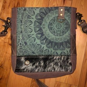 Myra Bag Verdant Upcycled Canvas & Cowhide purse pocketbook, bag.